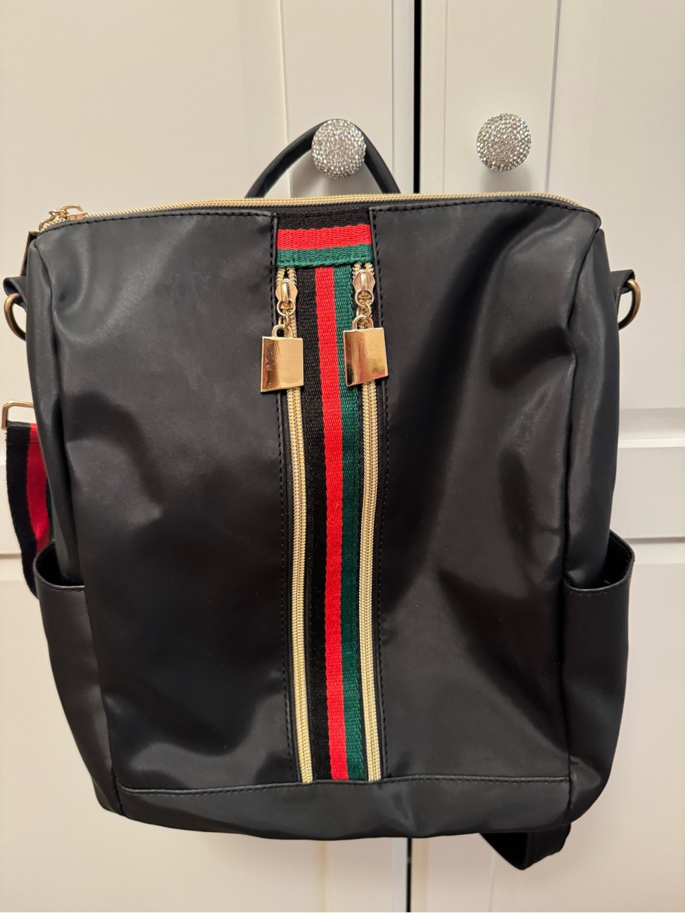 Black Women's Backpack with Red & Green Accent